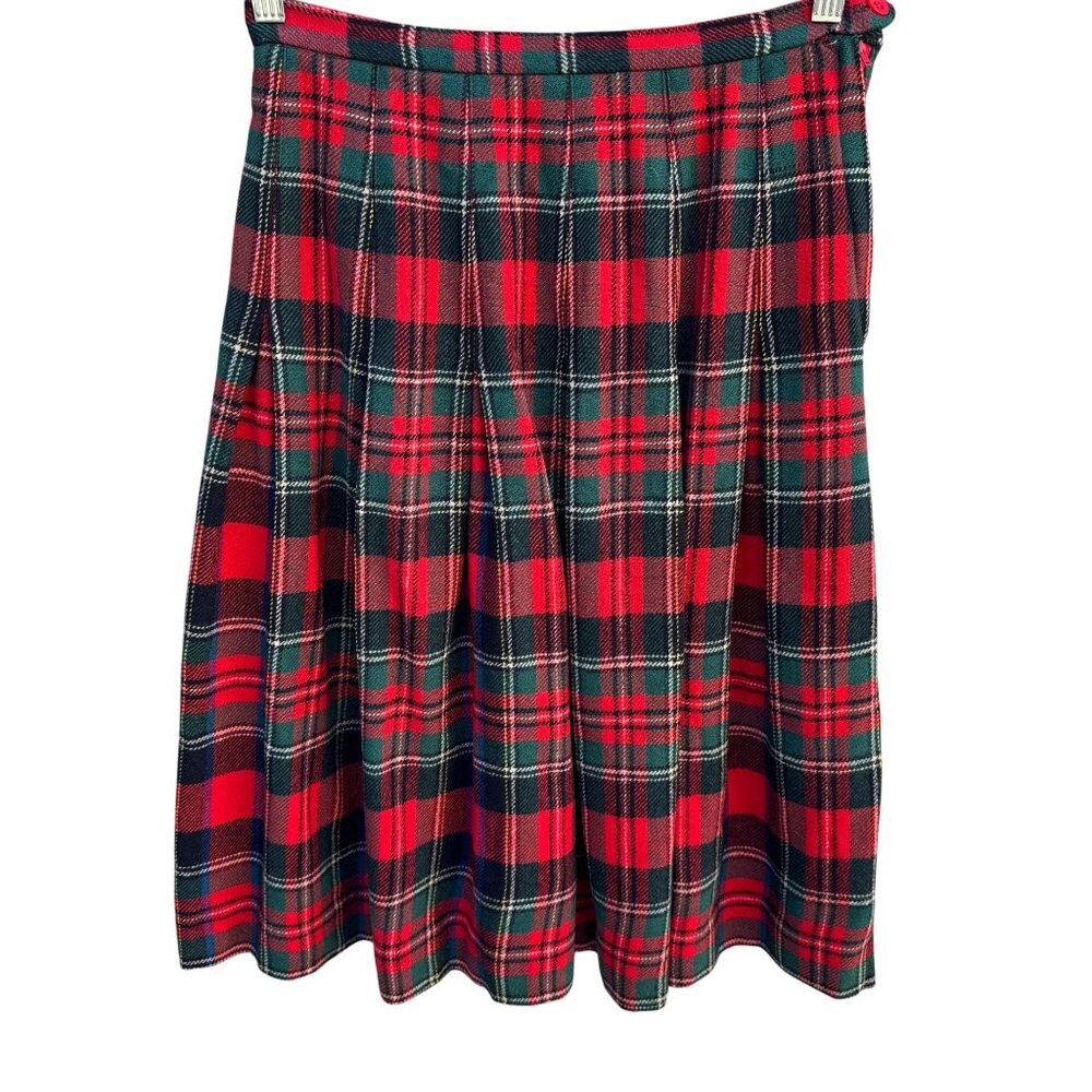 Tami Vintage 70s Womens S Red Green Tartan Plaid‎ Pleated Wool Skirt Academia